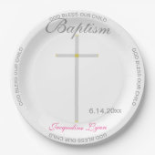 Baptism Girl Pink Name Silver Cross Papieren Bordje (Voorkant)