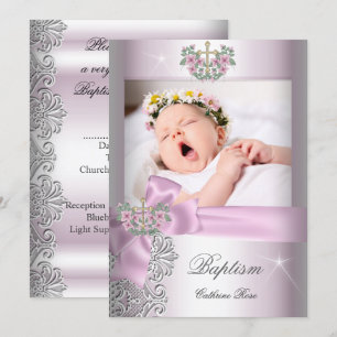Baptism Girl Pink White Lace Foto Christening Kaart