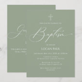 Baptism God Bless Sage Invitation Kaart (Voorkant / Achterkant)