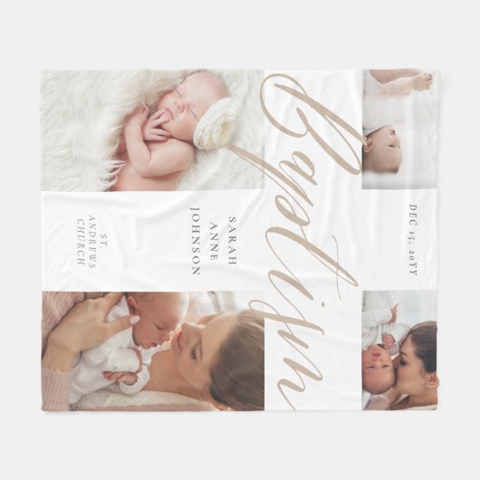 Baptism Gold Calligraphy Photo Collage Keepsake Fleece Deken (Voorkant (Horizontaal))