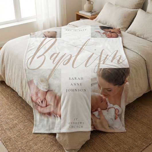 Baptism Gold Calligraphy Photo Collage Keepsake Fleece Deken