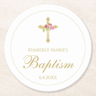 Baptism Gold Cross-roze rozen Floral Monogrammen Ronde Kartonnen Onderzetter