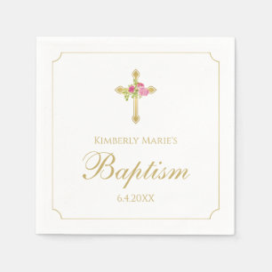 Baptism Gold Cross-roze rozen Floral Monogrammen Servet