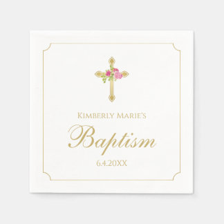 Baptism Gold Cross-roze rozen Floral Monogrammen Servet