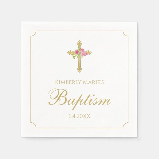 Baptism Gold Cross-roze rozen Floral Monogrammen Servet (Voorkant)