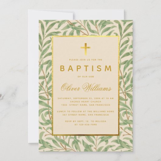 Baptism Green Leaves Faux Gold Cross Morris Willow Kaart (Voorkant)