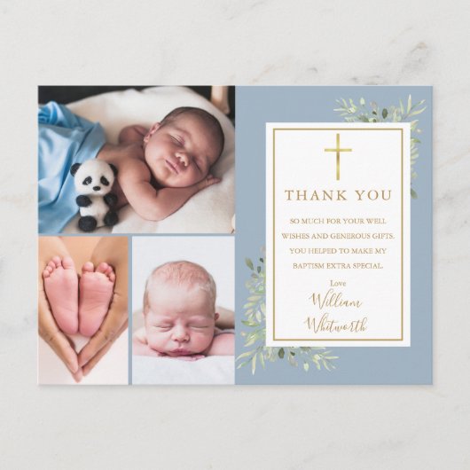 Baptism Greenery 3 Foto Dusty Blue Hartelijk dank Briefkaart (Voorkant)
