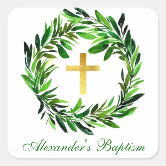 Baptism Greenery Faux Gold Cross Foliage Wreate Vierkante Sticker (Voorkant)