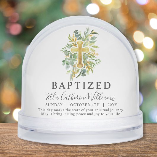 Baptism Greenery Floral Gold Cross Custom  Sneeuwbol