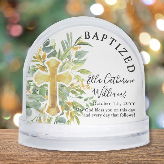 Baptism Greenery Floral Gold Cross Custom Sneeuwbol