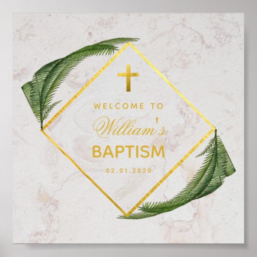 Baptism Greenery Marble Faux Gold Fern Welkom Poster (Voorkant)