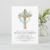Baptism Greenery Sage Eucalyptus Wooden Cross Invi Kaart (Staand voorkant)