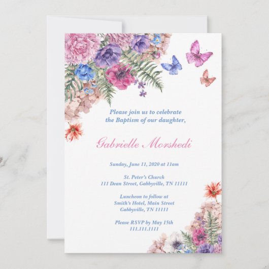 Baptism Invitation, Floral Baptism, Boho Invite Kaart (Voorkant)