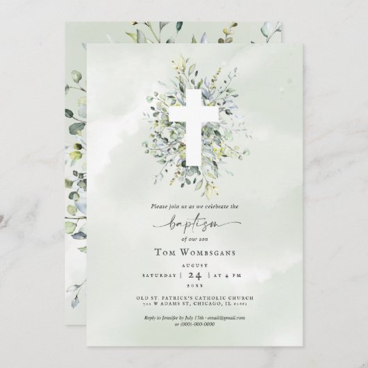 Baptism Invitation Greenery Kaart (Voorkant / Achterkant)