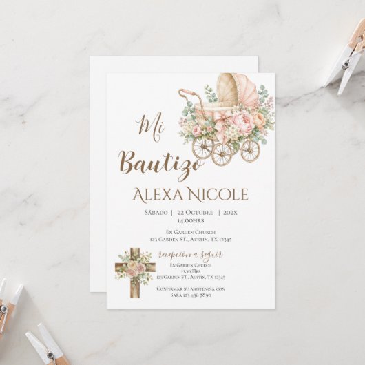 Baptism Invitation in Spanish Boho Kaart (Voorkant / Achterkant in situ)