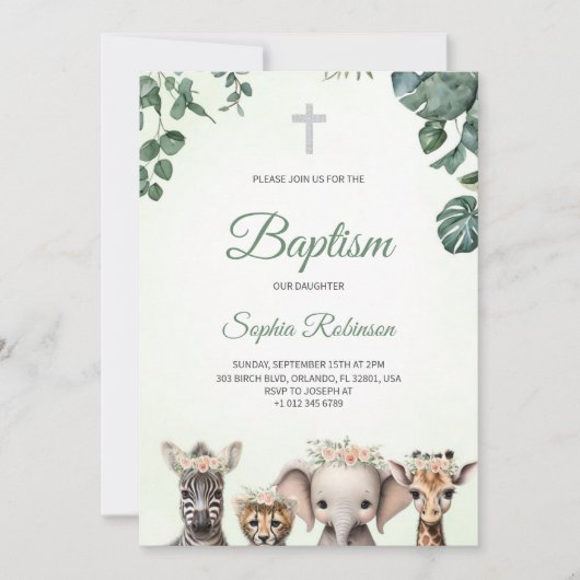 Baptism invitation in watercolour jungle themed kaart (Voorkant)