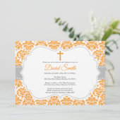 Baptism Invitation Oranje en Grey Damask Kaart (Staand voorkant)