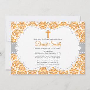 Baptism Invitation Oranje en Grey Damask Kaart
