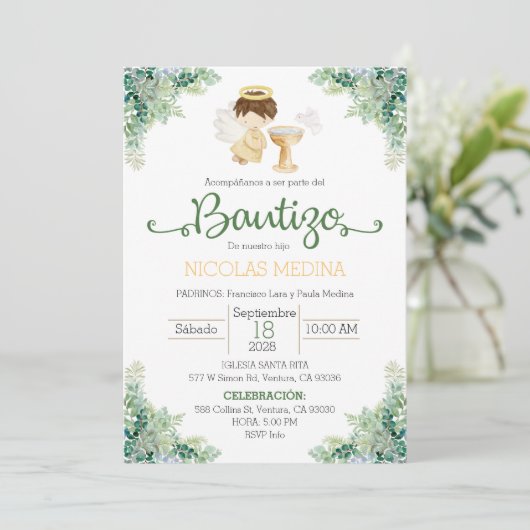 Baptism Invitation Spanish boy greenery  Kaart (Staand voorkant)