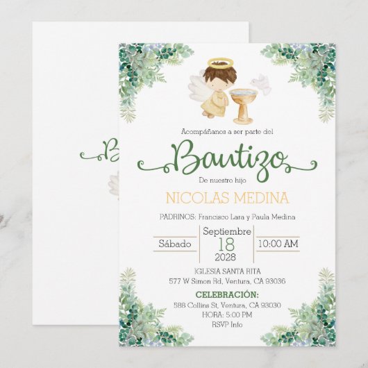 Baptism Invitation Spanish boy greenery  Kaart (Voorkant / Achterkant)