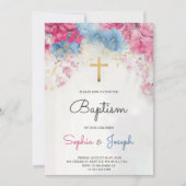  Baptism Invitation with blue floral a gold cross Kaart (Voorkant)