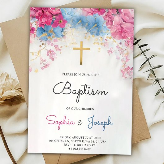  Baptism Invitation with blue floral a gold cross Kaart