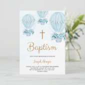 Baptism invitation with blue hot air balloon kaart (Staand voorkant)