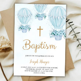 Baptism invitation with blue hot air balloon kaart