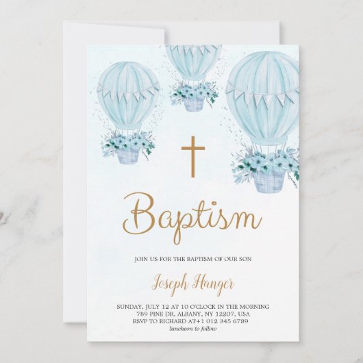 Baptism invitation with blue hot air balloon kaart (Voorkant)