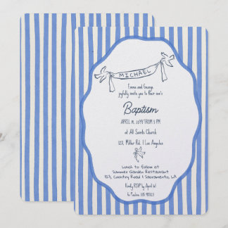 Baptism invitation with doves blue pinstripes kaart