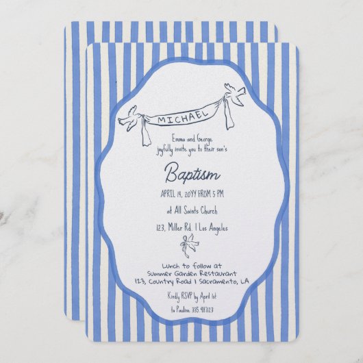 Baptism invitation with doves blue pinstripes kaart (Voorkant / Achterkant)