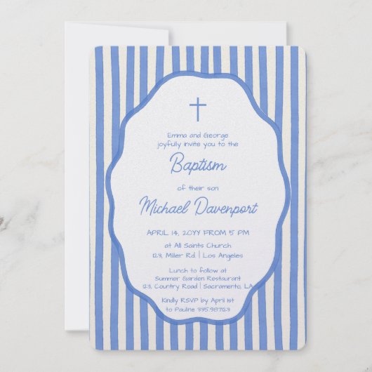 Baptism invitation with fancy blue pinstripes kaart (Voorkant)