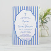 Baptism invitation with fancy blue pinstripes kaart (Staand voorkant)