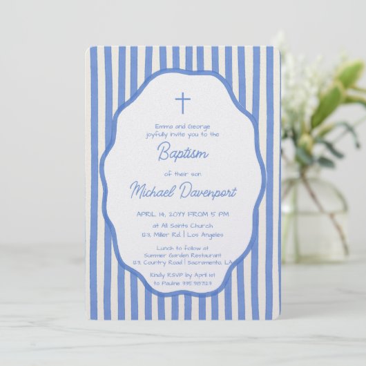 Baptism invitation with fancy blue pinstripes kaart (Staand voorkant)