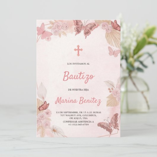 Baptism invitation with floral design kaart (Staand voorkant)