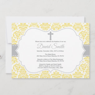 Baptism Invitation Yellow en Grey Damask Kaart