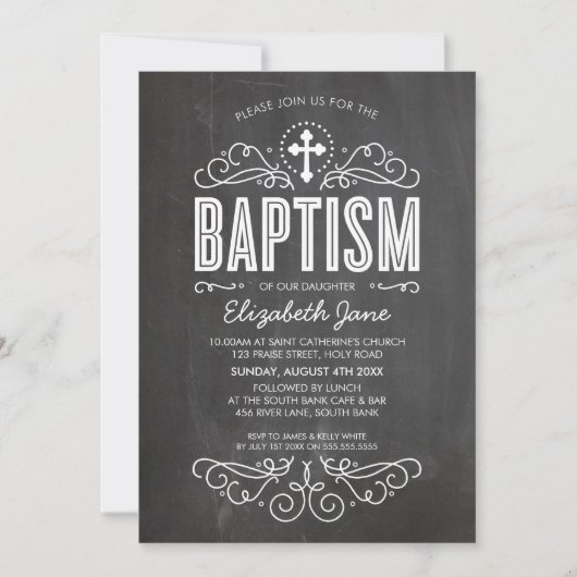 BAPTISM INVITE elegante bloeiende krijtbord grijs Kaart (Voorkant)