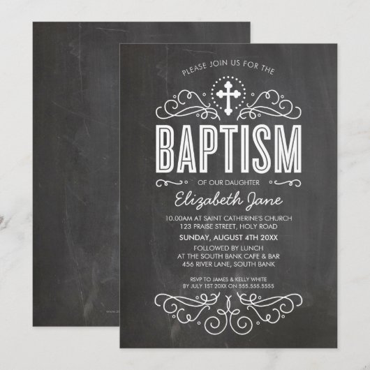 BAPTISM INVITE elegante bloeiende krijtbord grijs Kaart (Voorkant / Achterkant)