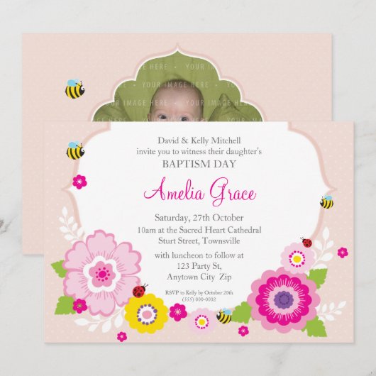 BAPTISM INVITES:: tuin thema 3 Kaart (Voorkant / Achterkant)