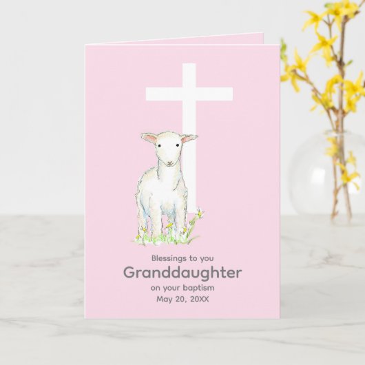 Baptism kleindochter Lamb Cross Religieuze Roze Kaart (Gele Bloem)