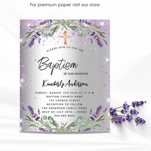 Baptism lavender Silver violet budget uitnodiging