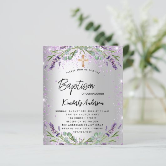 Baptism lavender Silver violet budget uitnodiging (Staand voorkant)