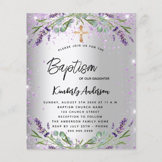 Baptism lavender Silver violet budget uitnodiging Flyer (Voorkant)