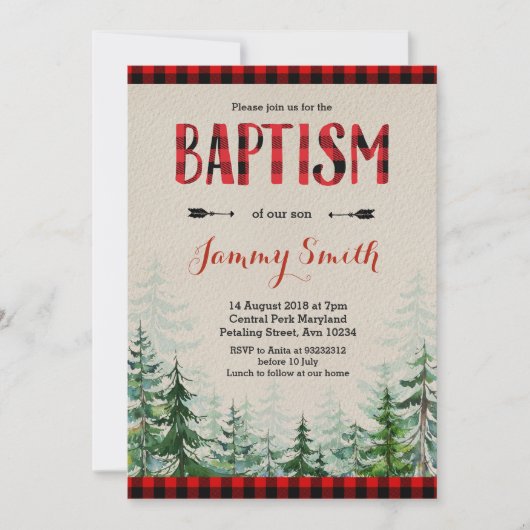 Baptism Lumberjack Red plaid Invitation Kaart (Voorkant)