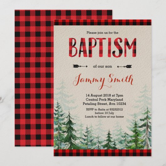 Baptism Lumberjack Red plaid Invitation Kaart (Voorkant / Achterkant)