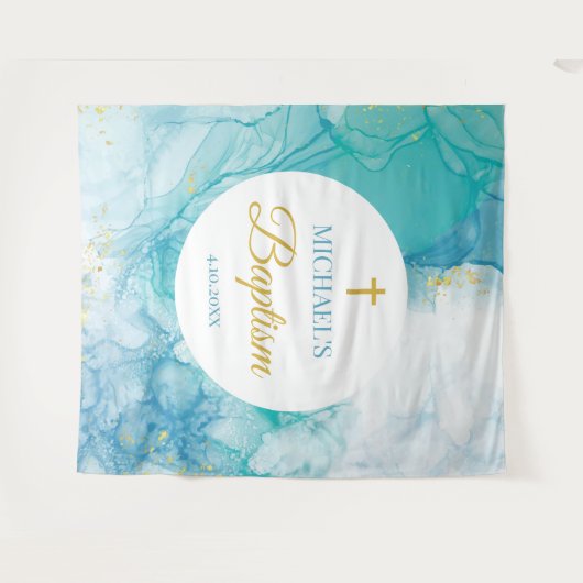 Baptism Marble blue mint modern backdrop Wandkleed (Voorkant (horizontaal))