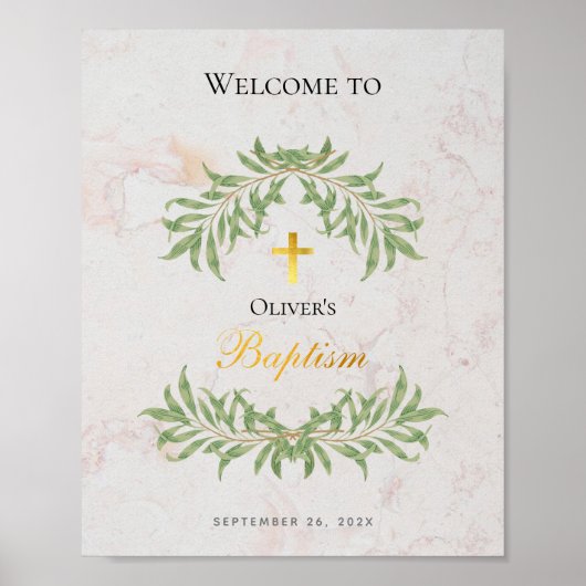 Baptism Marble Foliage Faux Gold Foil Welkomstteke Poster (Voorkant)