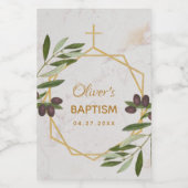 Baptism Marble Olive Branch Botanical Geometric Wi Wijn Etiket (Enkel label)