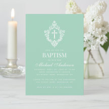 Baptism Mint Green Elegant Vintage Cross in Crest 