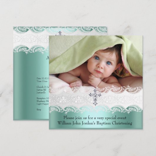Baptism Mint Green Lace Foto Jewel Cross Boy Kaart (Voorkant / Achterkant)
